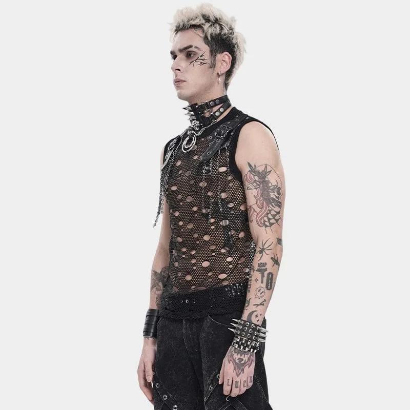 Punk-Tanktop für Herren mit Cut-out-Ketten und Netzstoff