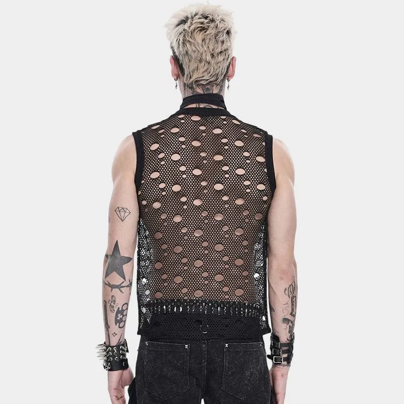 Punk-Tanktop für Herren mit Cut-out-Ketten und Netzstoff