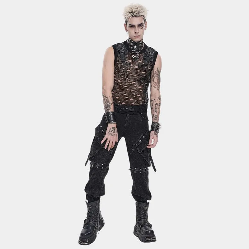 Punk-Tanktop für Herren mit Cut-out-Ketten und Netzstoff