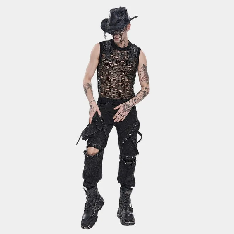 Punk-Tanktop für Herren mit Cut-out-Ketten und Netzstoff