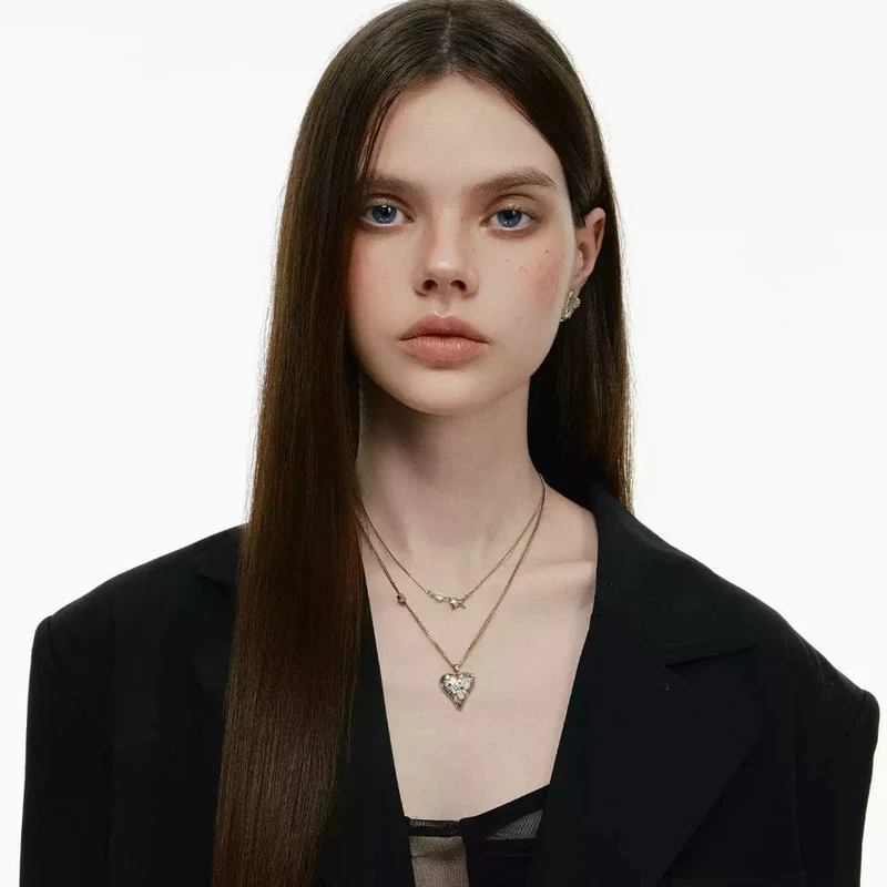 Grunge-Doppellagen-Herzkette für Damen mit Diamanten