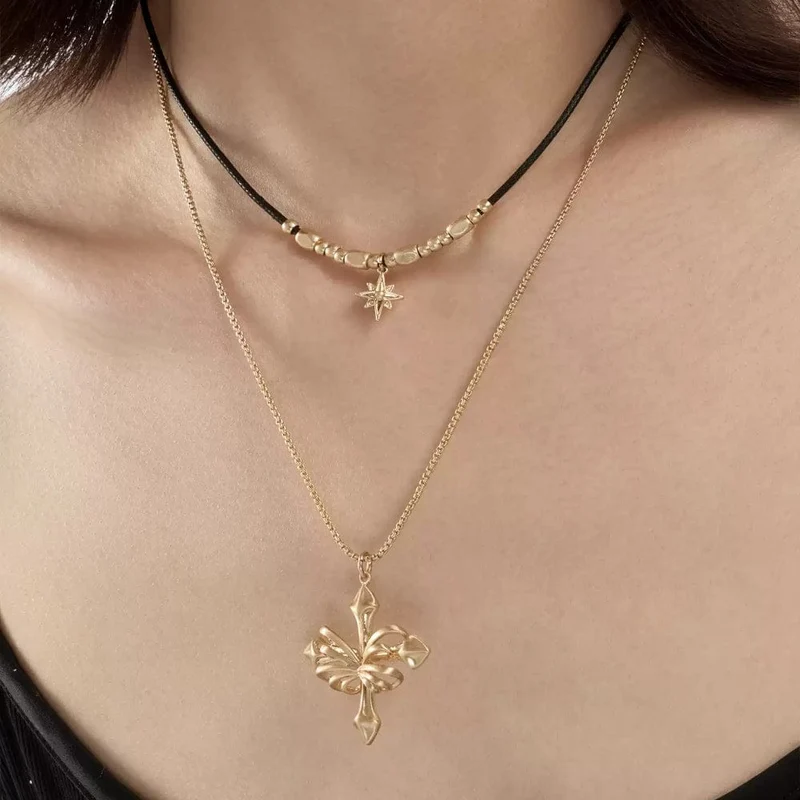 Grunge-Doppellagige Sternenkreuz-Halskette für Damen