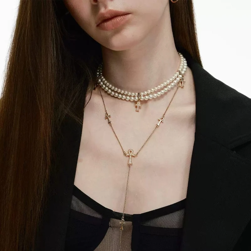 Grunge-Diamant-Kreuz-Perlenkette für Damen