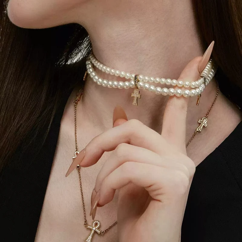 Grunge-Diamant-Kreuz-Perlenkette für Damen