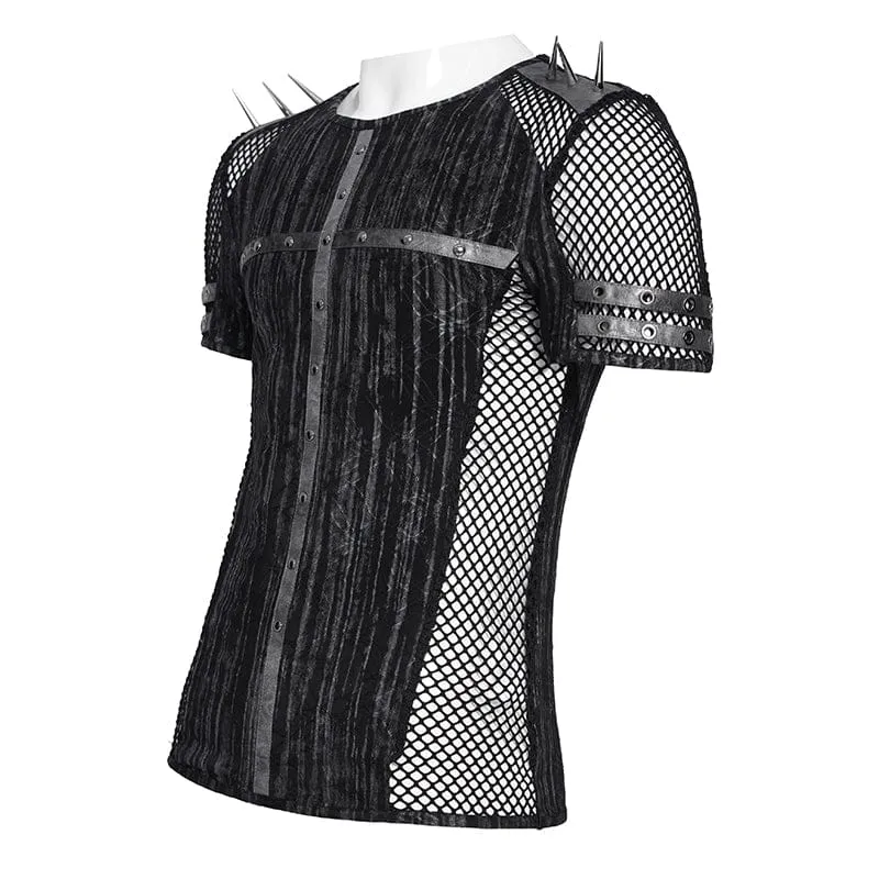 Punk-Herren-Kurzarmshirt mit Nieten und Mesh-Einsätzen