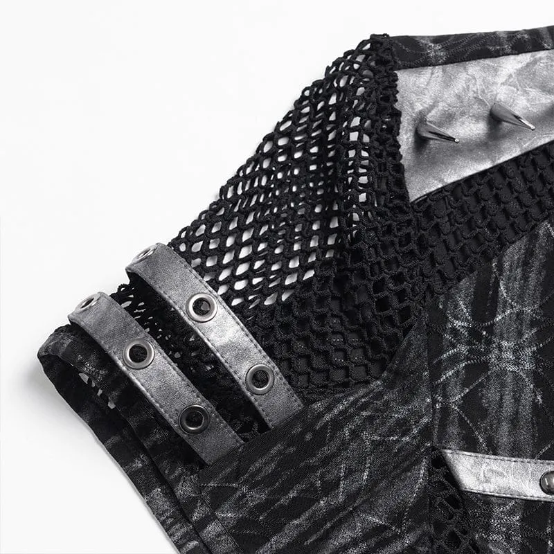 Punk-Herren-Kurzarmshirt mit Nieten und Mesh-Einsätzen