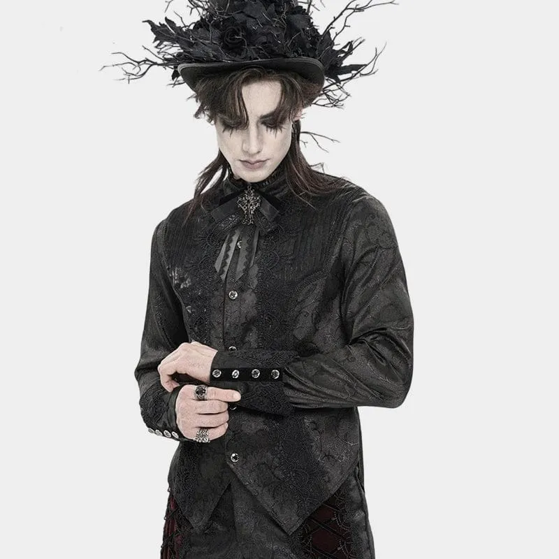 Schwarzes Herrenhemd mit Stehkragen und Gothic-Jacquard-Muster.
