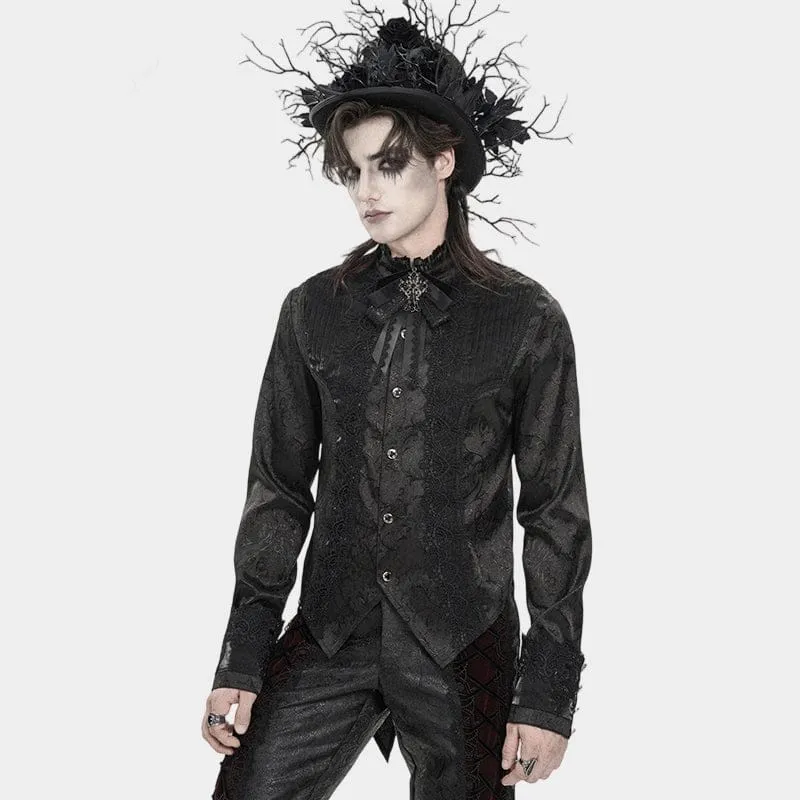 Schwarzes Herrenhemd mit Stehkragen und Gothic-Jacquard-Muster.