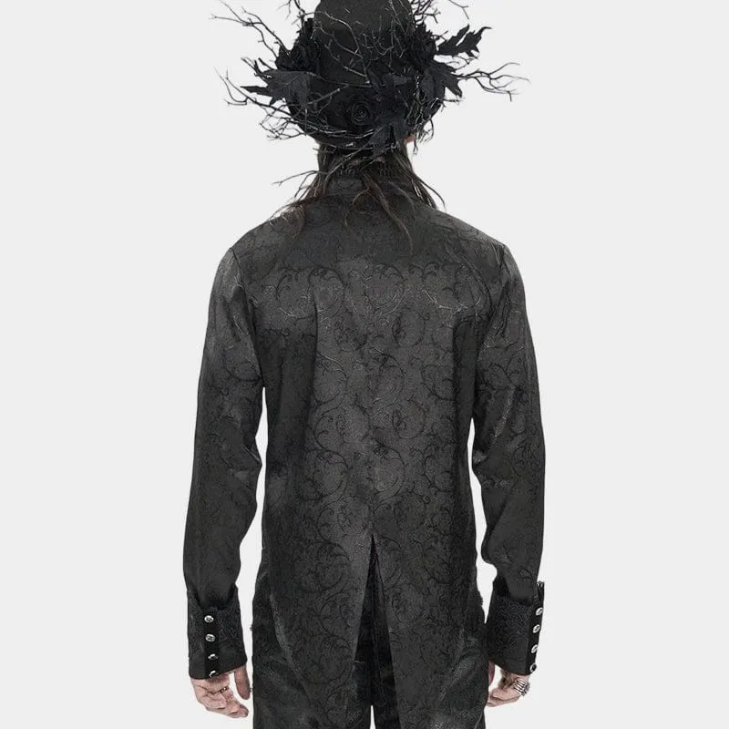 Schwarzes Herrenhemd mit Stehkragen und Gothic-Jacquard-Muster.
