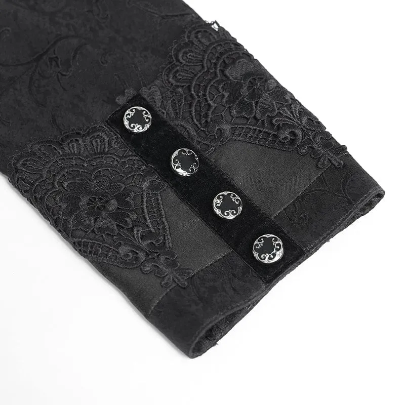 Schwarzes Herrenhemd mit Stehkragen und Gothic-Jacquard-Muster.