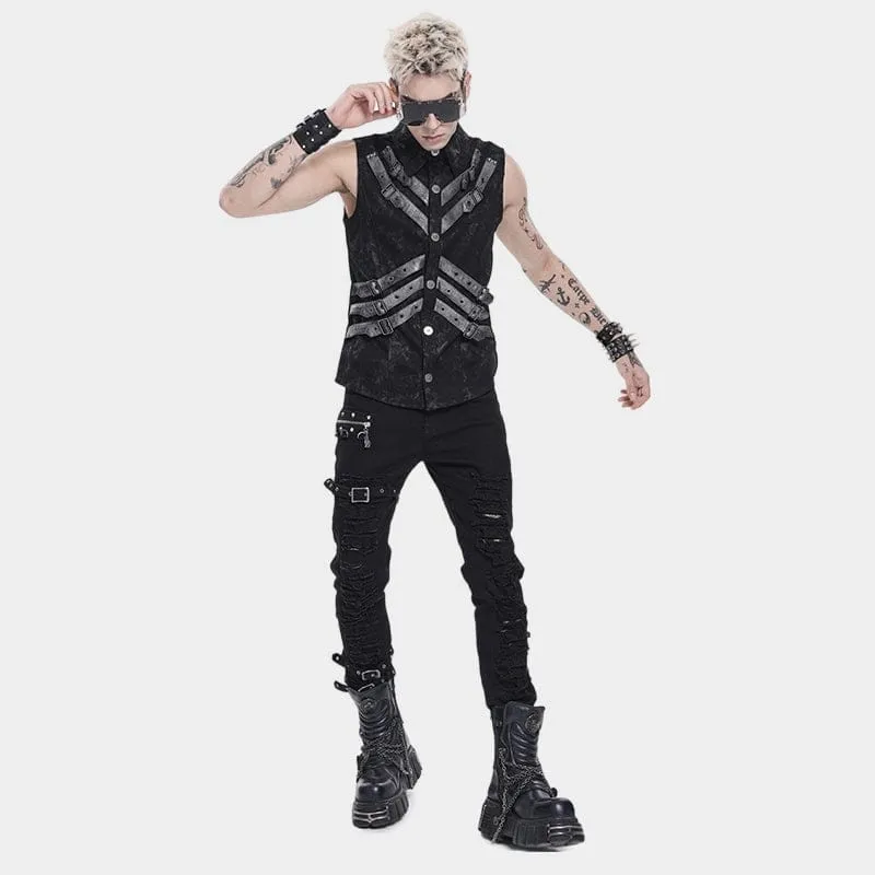 Punk-Herrenoberteil mit Lagenlook, Schnallenriemen und Umlegekragen