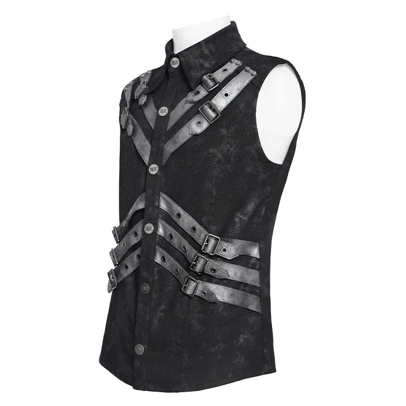 Punk-Herrenoberteil mit Lagenlook, Schnallenriemen und Umlegekragen