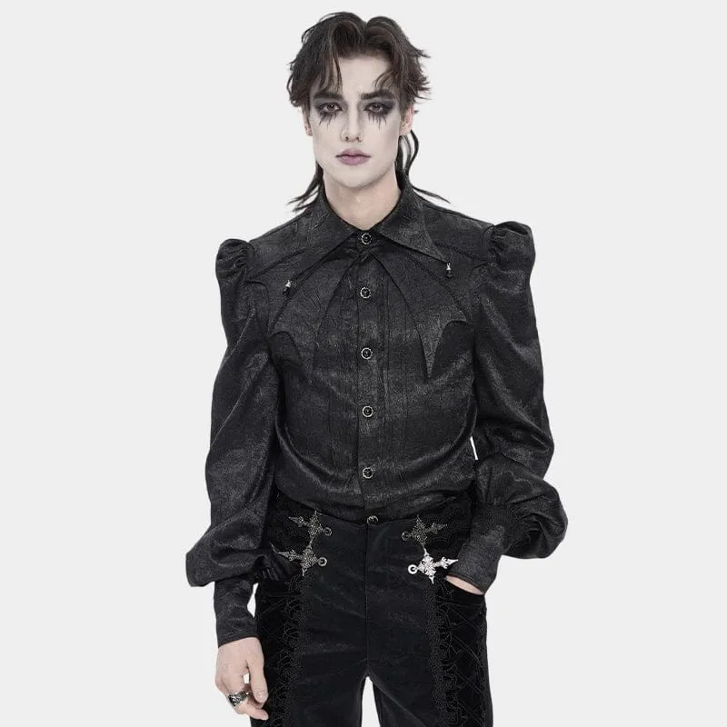 Schwarzes Gothic-Jacquard-Hemd für Herren mit Fledermausärmeln und Krawatte