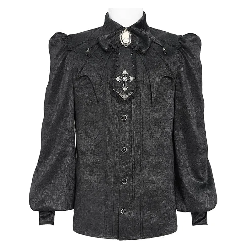 Schwarzes Gothic-Jacquard-Hemd für Herren mit Fledermausärmeln und Krawatte