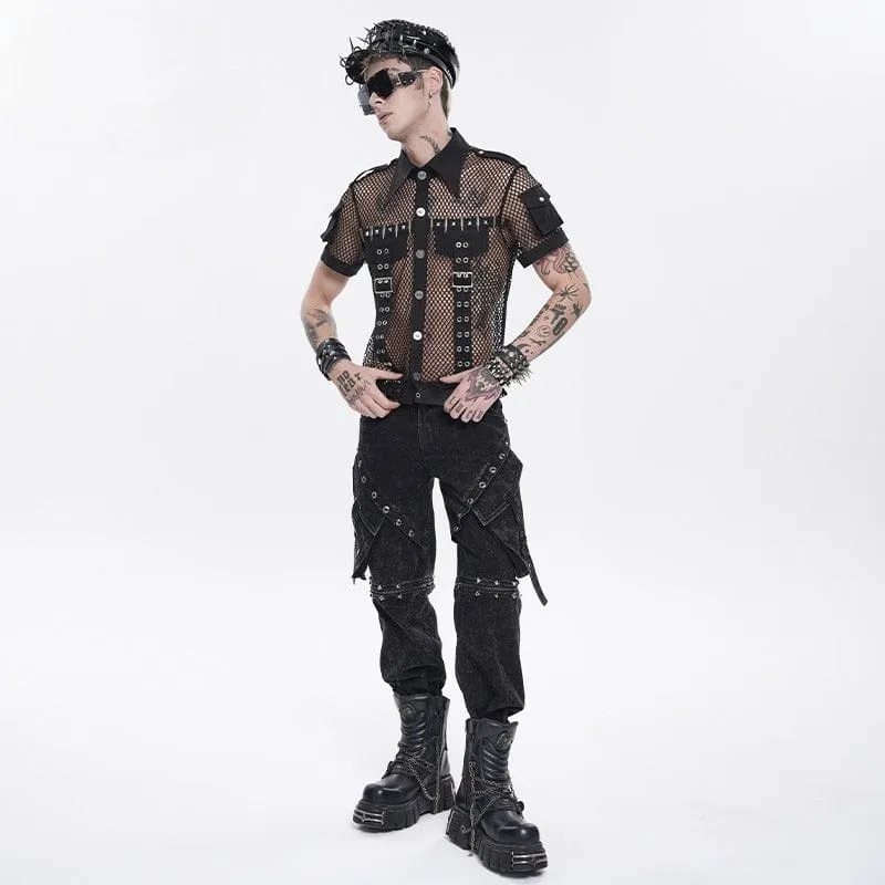 Punk-Hose für Herren mit großen Taschen, Ösen und Nieten sowie abnehmbaren Beinen