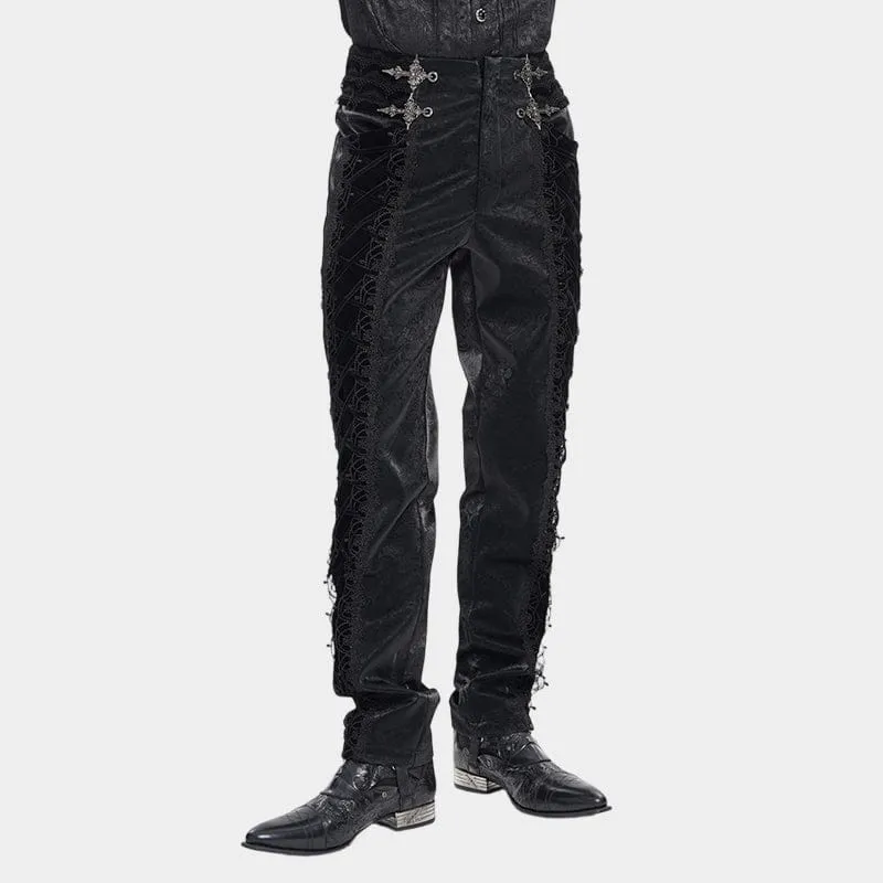 Schwarze Gothic-Samthose für Herren mit Schnürung und gekreuzten Details