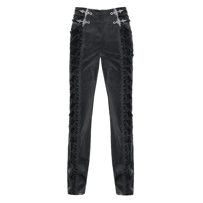 Schwarze Gothic-Samthose für Herren mit Schnürung und gekreuzten Details