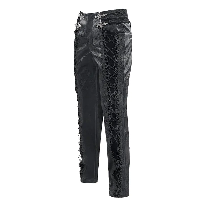 Schwarze Gothic-Samthose für Herren mit Schnürung und gekreuzten Details