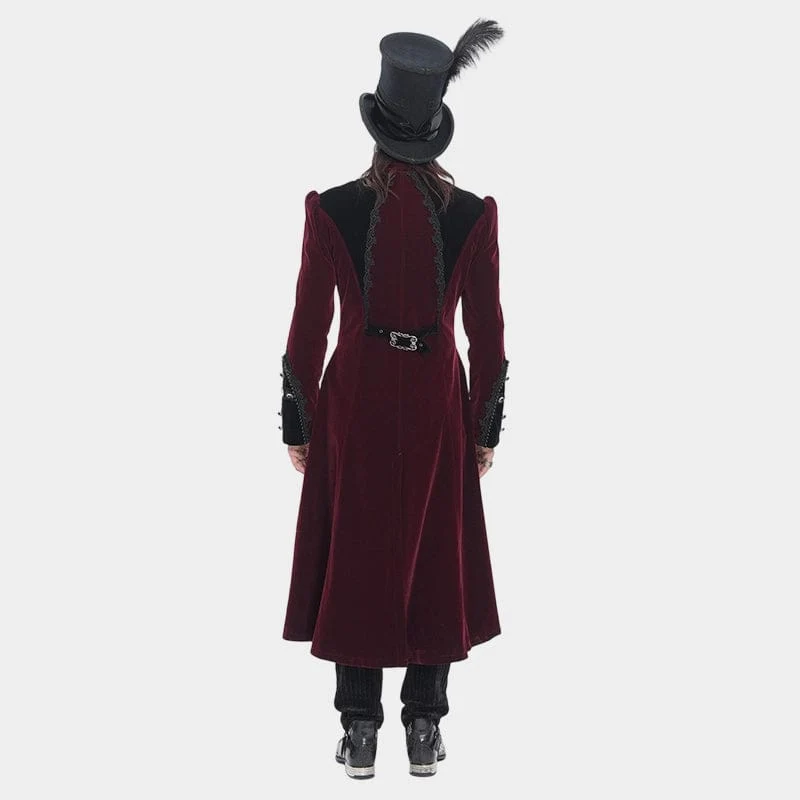 Rote Herren-Gothic-Jacke mit Perlenbesatz, Schnallenriemen und Reißverschluss