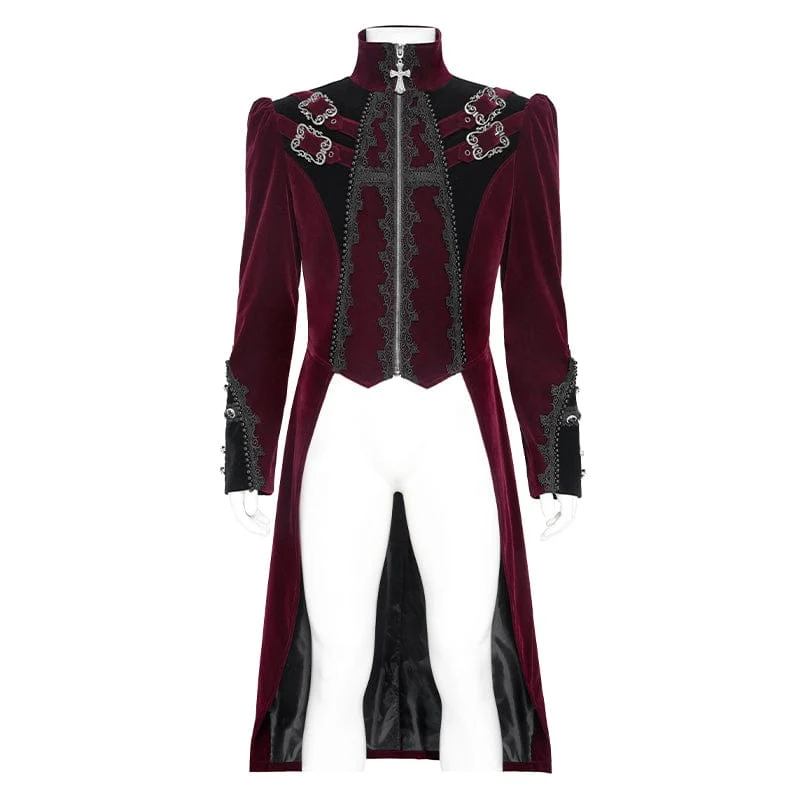 Rote Herren-Gothic-Jacke mit Perlenbesatz, Schnallenriemen und Reißverschluss