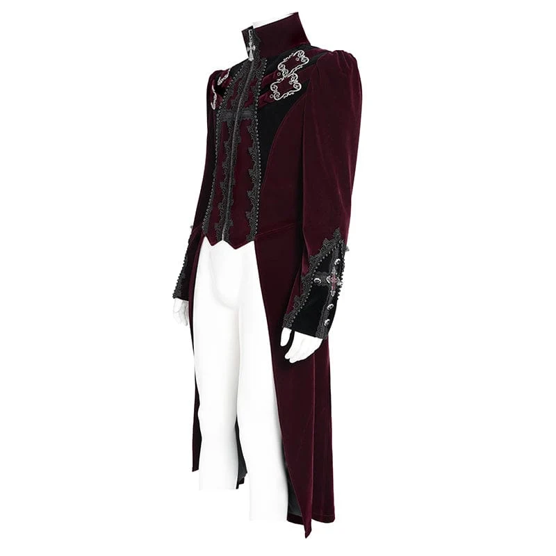 Rote Herren-Gothic-Jacke mit Perlenbesatz, Schnallenriemen und Reißverschluss