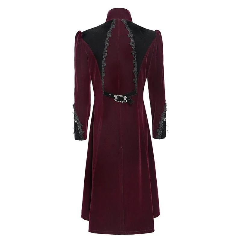 Rote Herren-Gothic-Jacke mit Perlenbesatz, Schnallenriemen und Reißverschluss