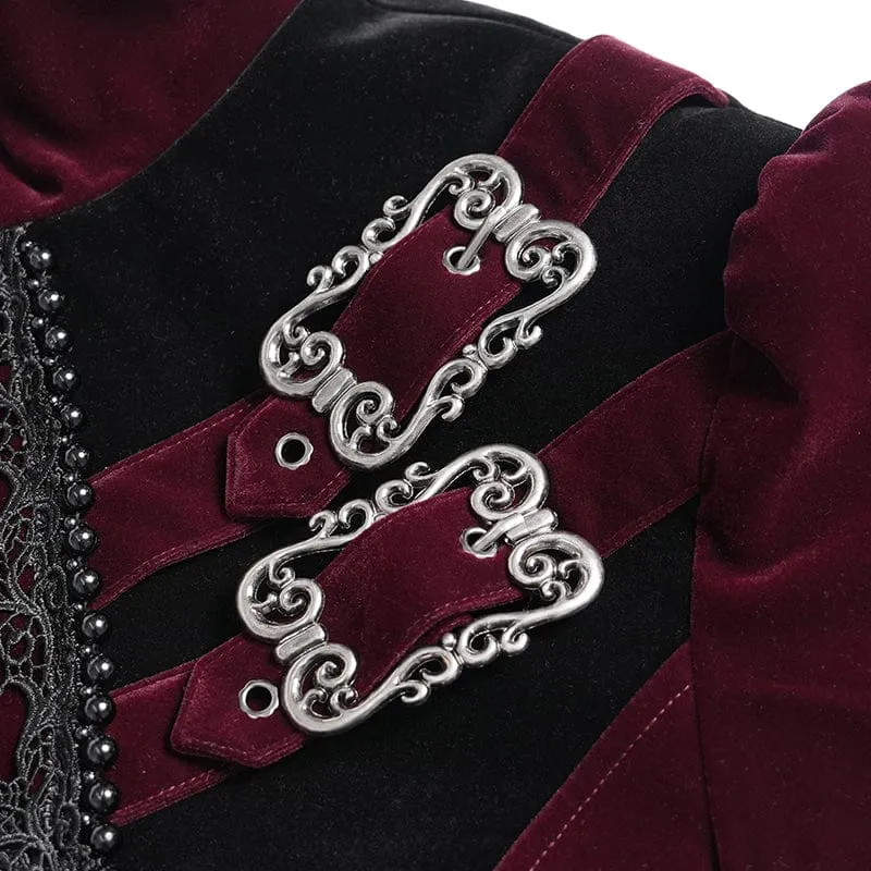 Rote Herren-Gothic-Jacke mit Perlenbesatz, Schnallenriemen und Reißverschluss