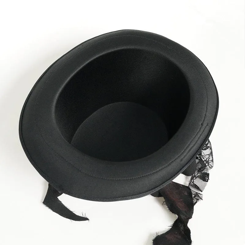 Schwarzer Gothic-Zylinder für Herren mit bandagenumwickelten Bändern