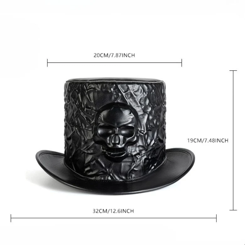 Unisex Gothic Zylinder mit Totenkopfprägung und Knittereffekt