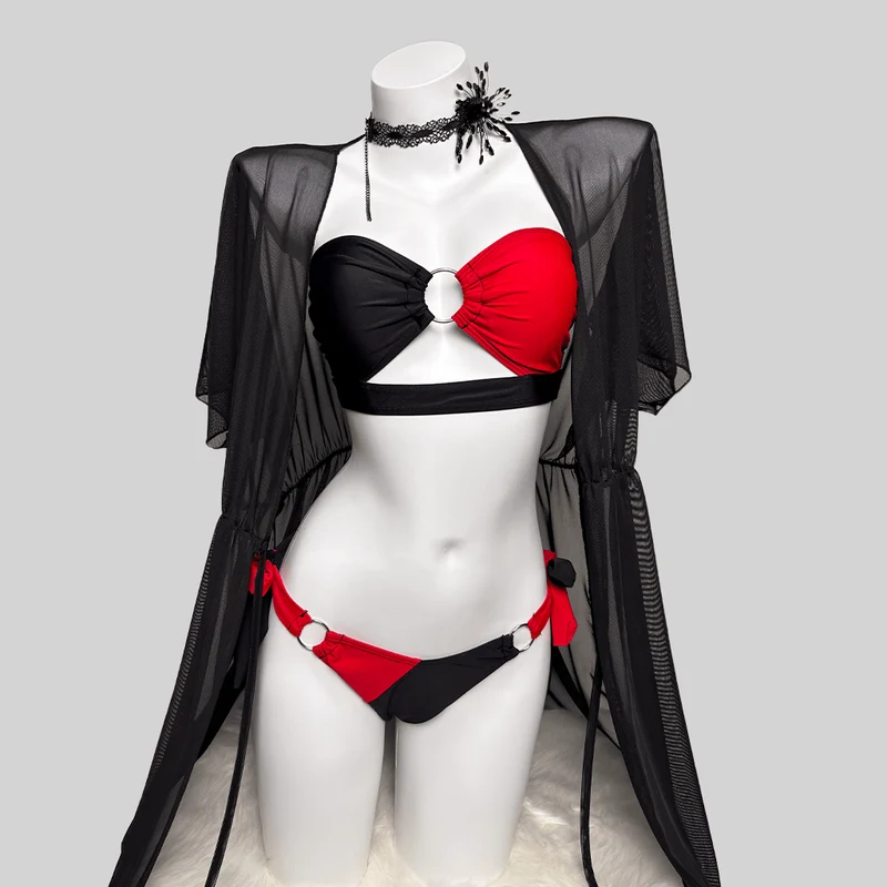 Damen-Bikini-Set im Grunge-Stil mit kontrastfarbenen Ringen und seitlichen Bindebändern