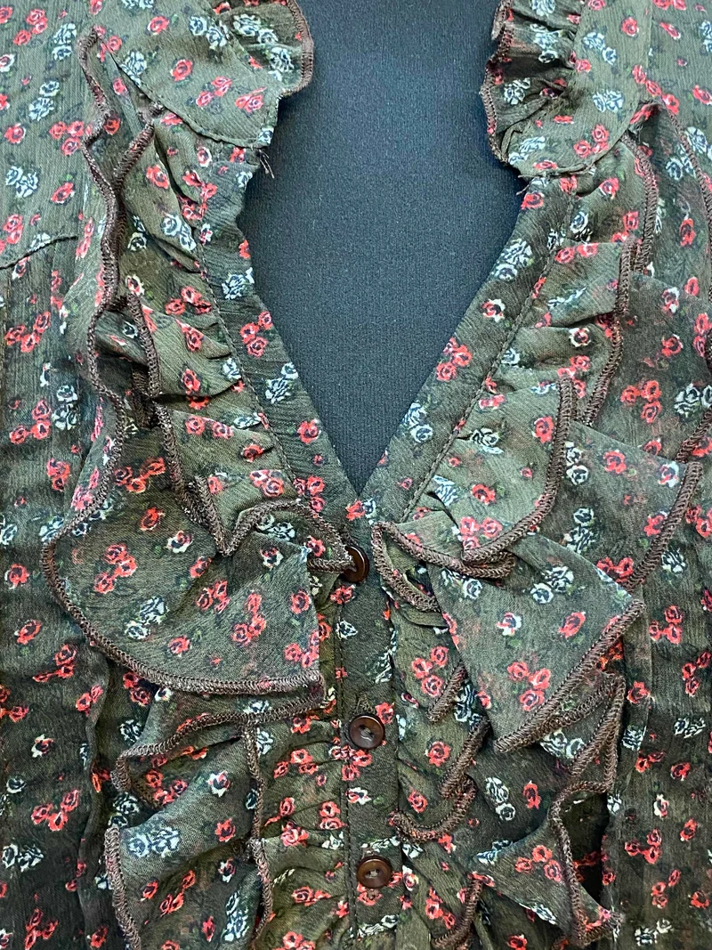 Vintage Rüschenbluse Damen Gr. 42 Blumenmuster Dunkelgrün