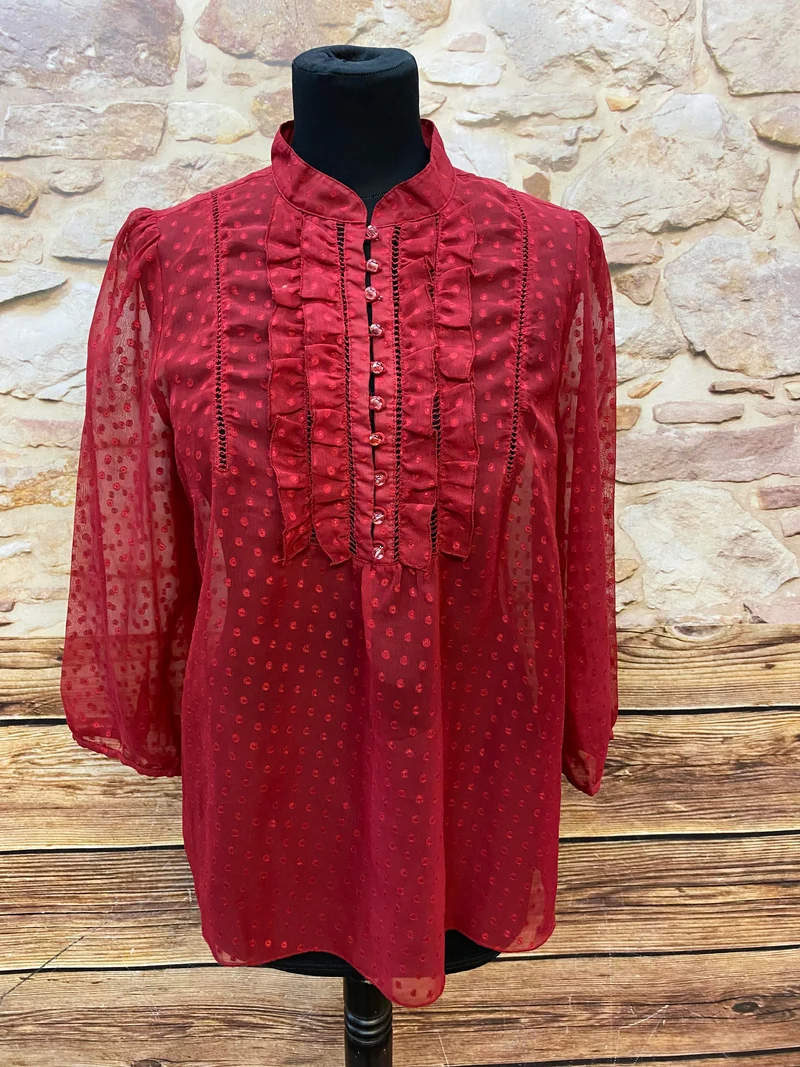 Vintage Rüschenbluse Rot Damen Gr. 40 – Transparente Bluse mit Punkten Retro Stil