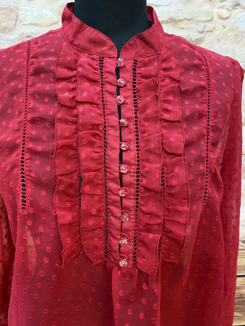 Vintage Rüschenbluse Rot Damen Gr. 40 – Transparente Bluse mit Punkten Retro Stil