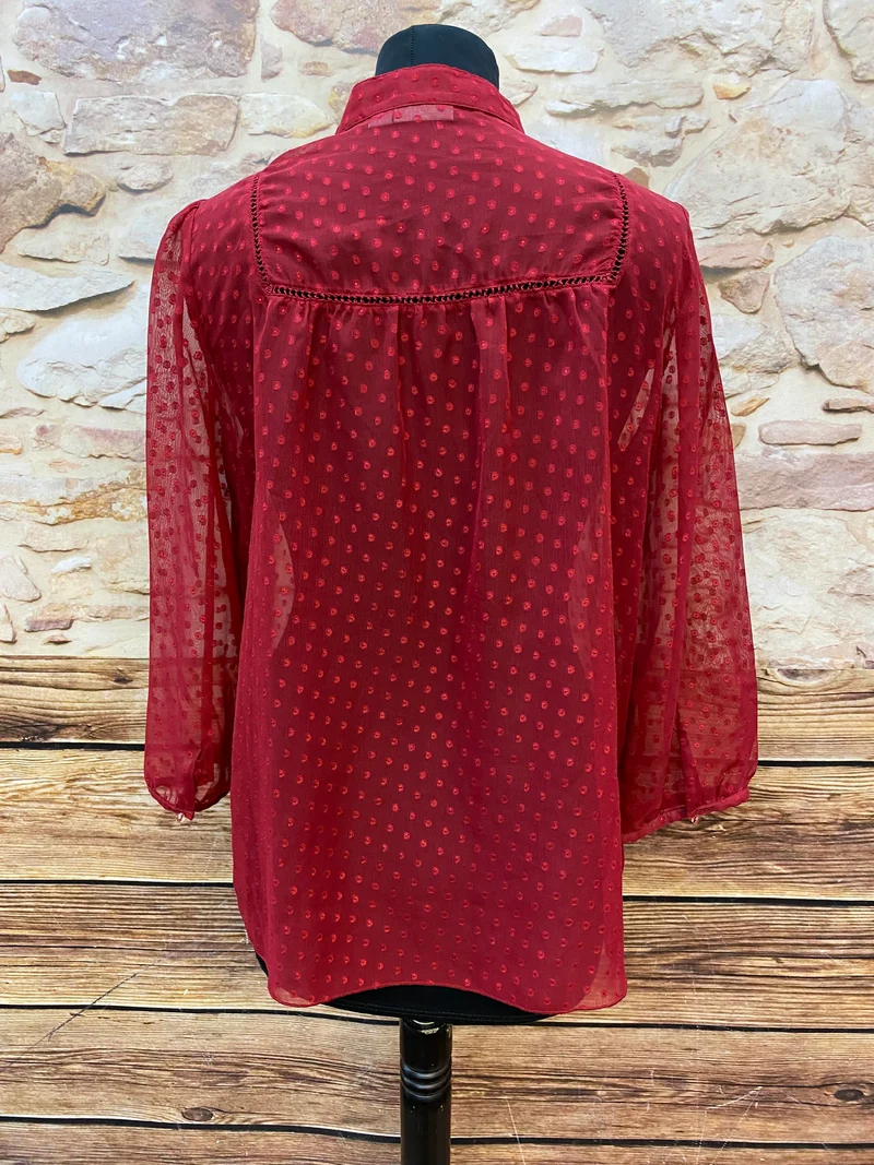 Vintage Rüschenbluse Rot Damen Gr. 40 – Transparente Bluse mit Punkten Retro Stil