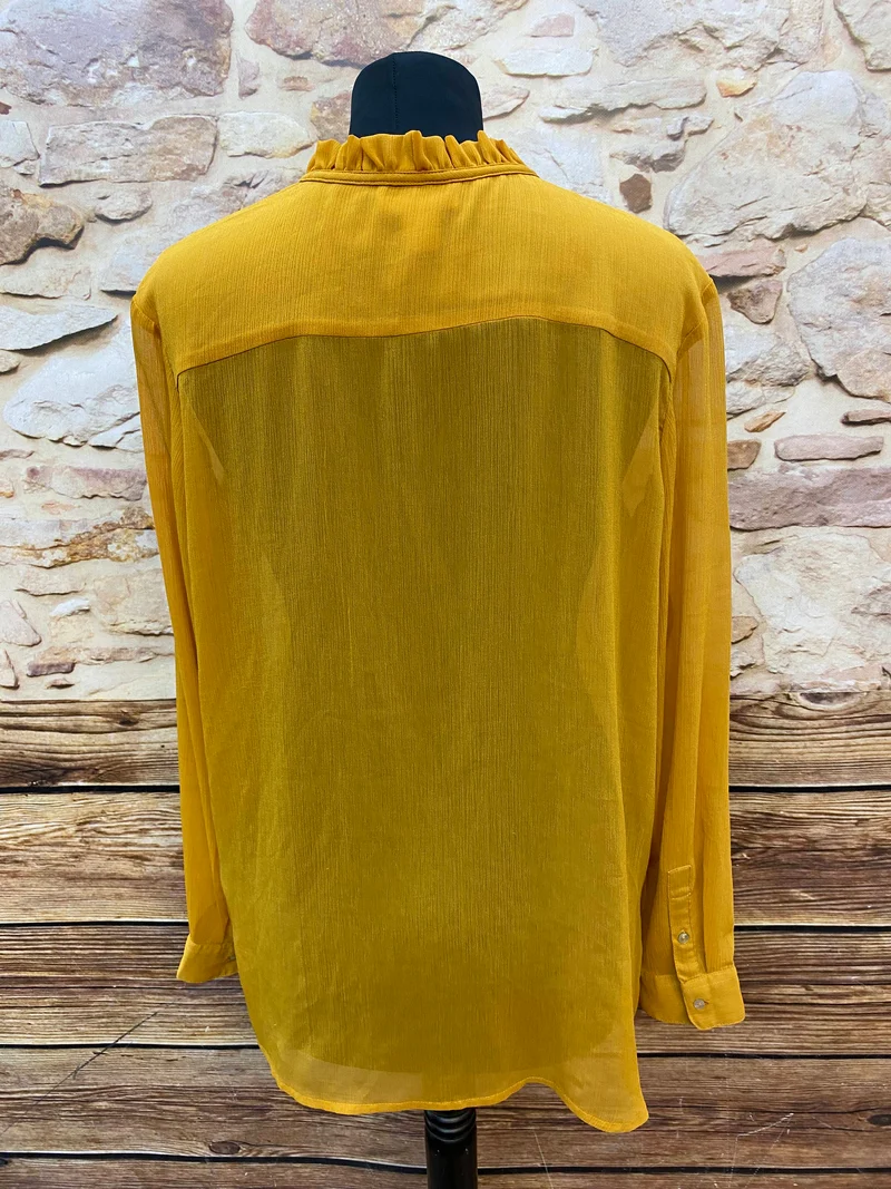 Vintage Schluppenbluse 2000er Sonnengelb mit Rüschenkragen – Größe 42