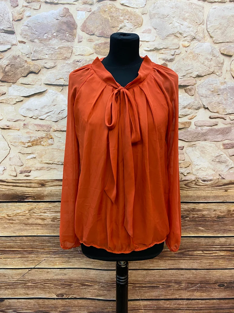 70er Jahre Vintage Schluppenbluse Orangerot Damen Gr. 36 – Retro Boho Bluse