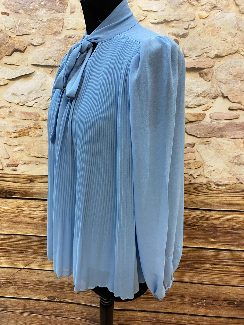 Vintage Schluppenbluse himmelblau Plissee elegant Gr. S