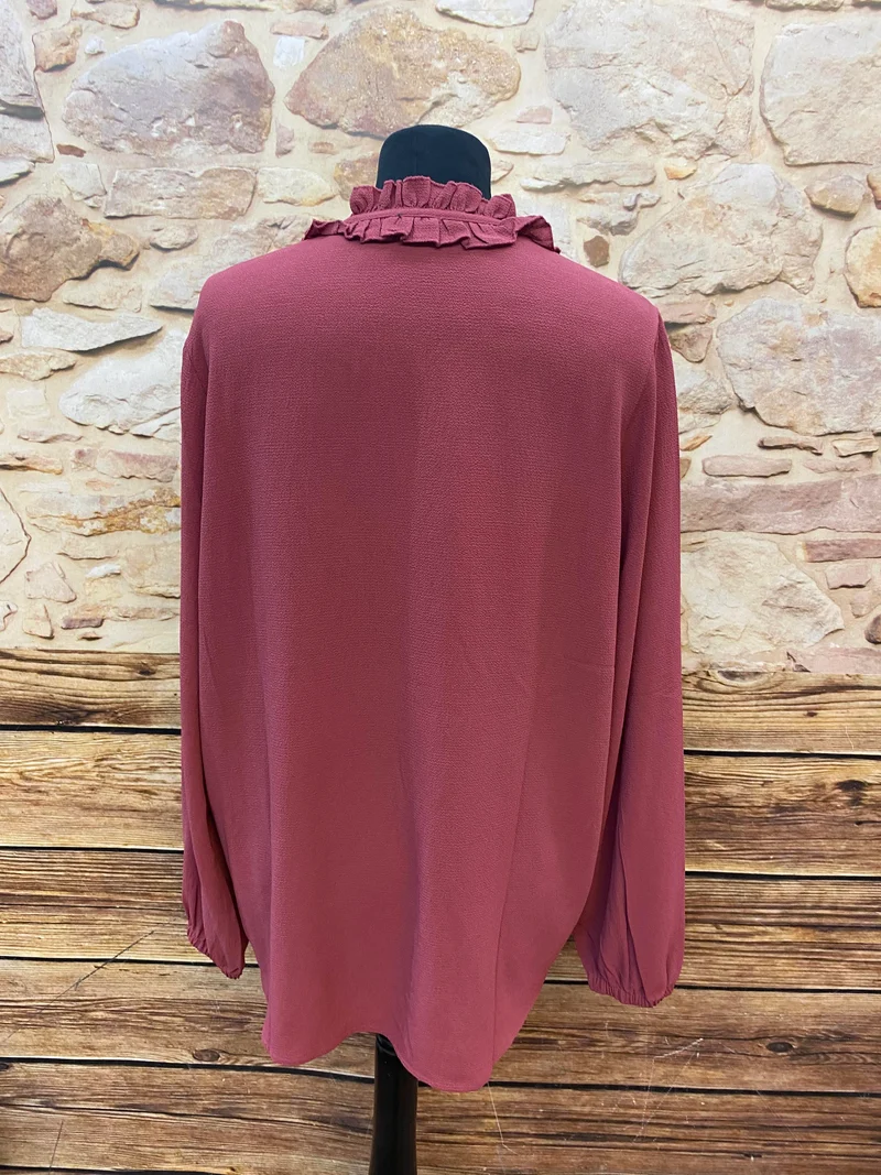 Vintage Bluse Burgunderrot mit Rüschenkragen & Kordelzug – Größe 44
