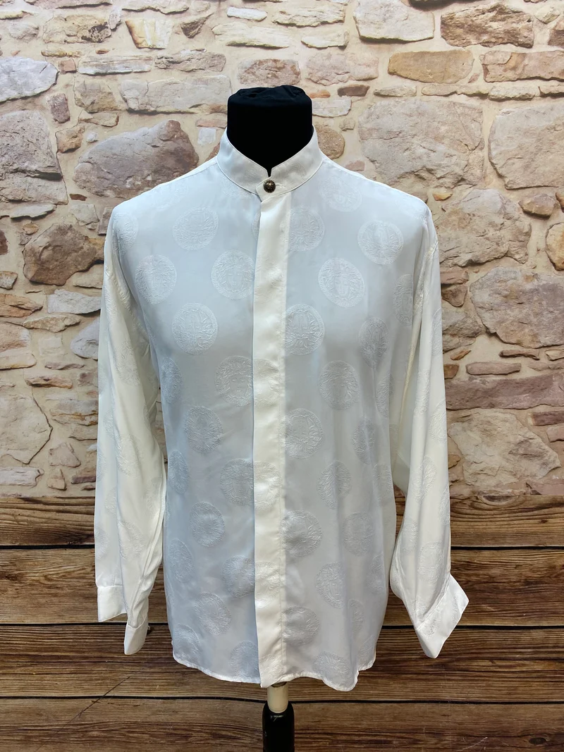 Elegantes Vintage-Hemd mit Ornament-Muster und Stehkragen– Cremeweiß, Gr. 41