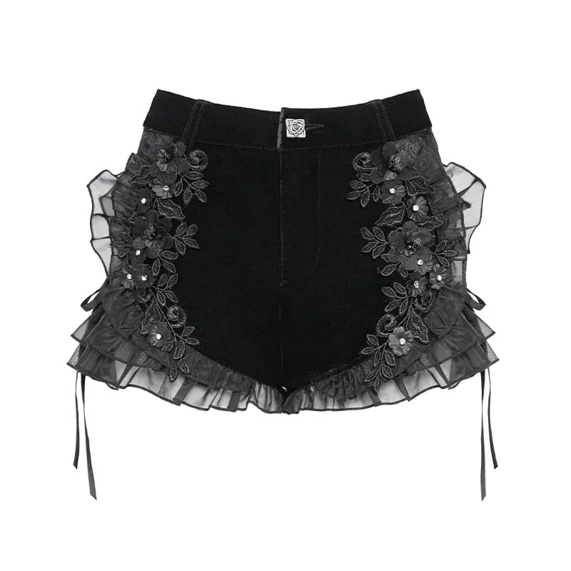 Punk-Shorts für Damen mit Blumenmuster, Rüschen und Schnürung aus Mesh