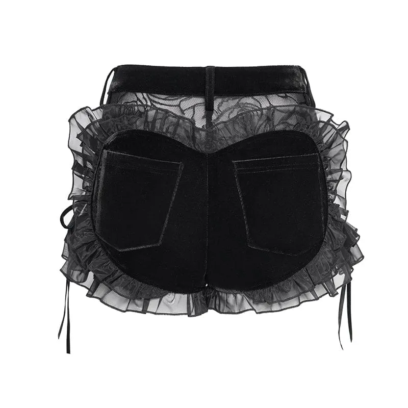 Punk-Shorts für Damen mit Blumenmuster, Rüschen und Schnürung aus Mesh