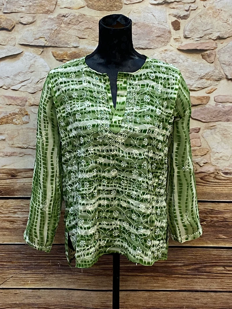 Vintage Tunika Grün Damen Gr. M–L – Bestickte Boho Bluse mit V-Ausschnitt
