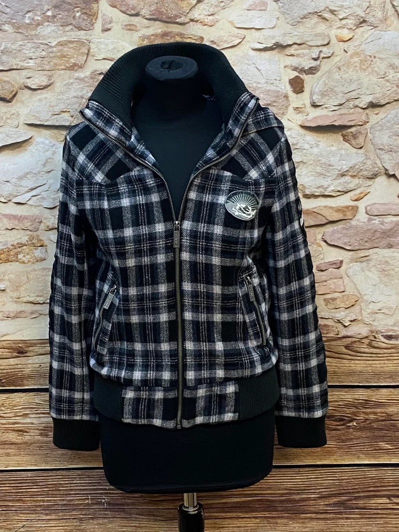 Klassische karierte Vintage-Jacke mit Kapuze – Größe XS