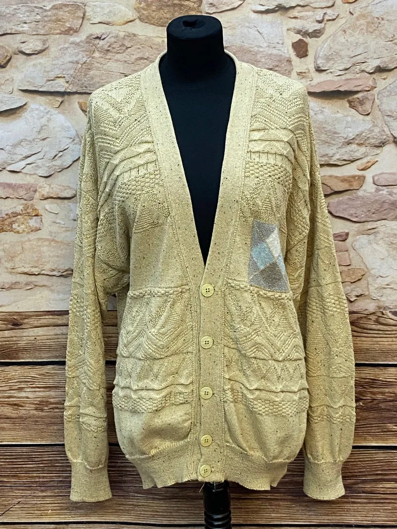 Vintage 80er Herren Strickjacke Beige XL – Strukturstrick Cardigan True Vintage