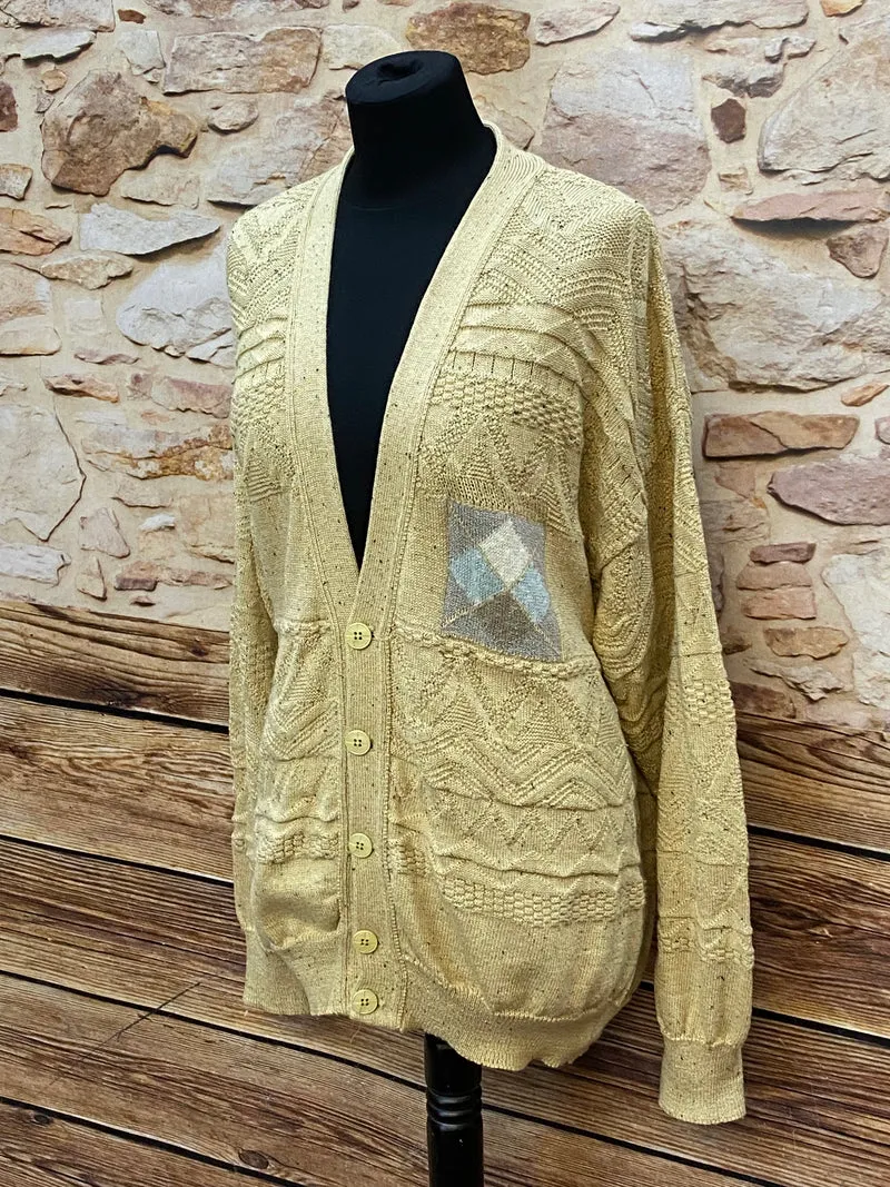 Vintage 80er Herren Strickjacke Beige XL – Strukturstrick Cardigan True Vintage