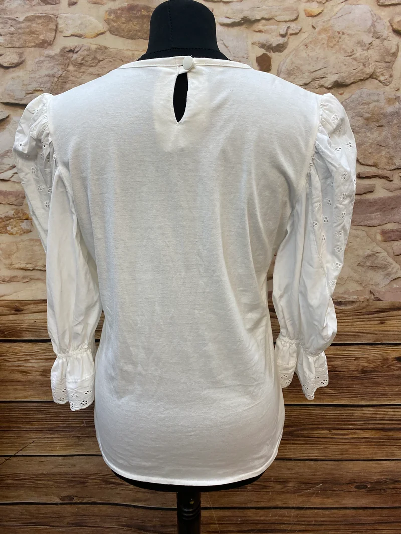 Weißes Trachtenshirt Damen Gr. 38 mit Spitze & Puffärmeln