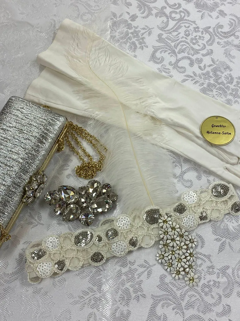 20er Jahre Damen Set Accessoires weiß/silber