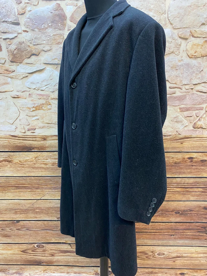 Schwarzer Mantel im britischen 1920er-Jahre-Stil– Knielang, Vintage Gr.54