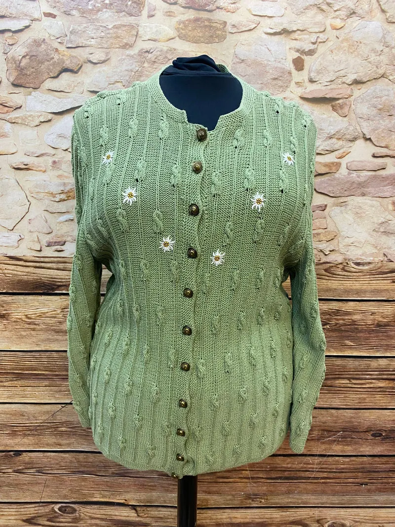 Vintage Strickjacke in Hellgrün mit Edelweiß-Stickerei – Größe 46