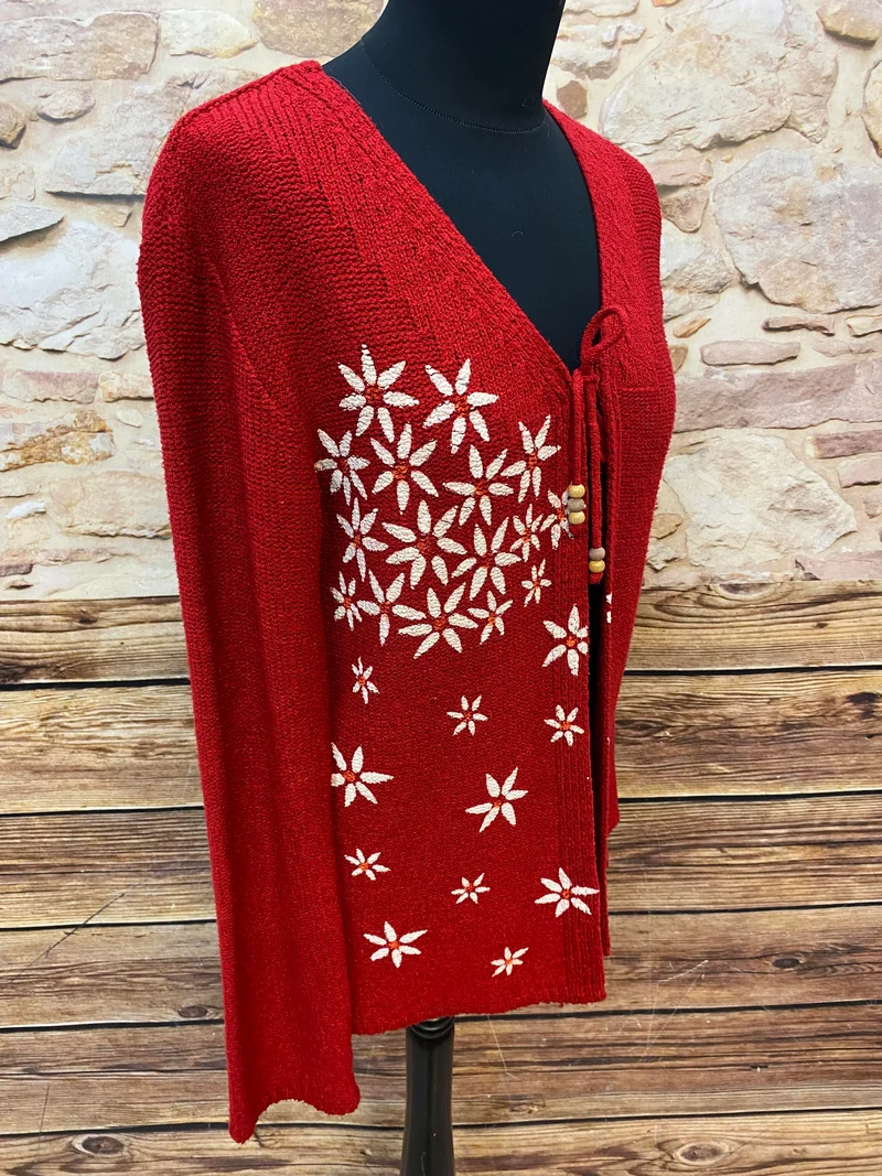 Vintage-Strickjacke Rot mit Blumenstickerei – Gr. 40